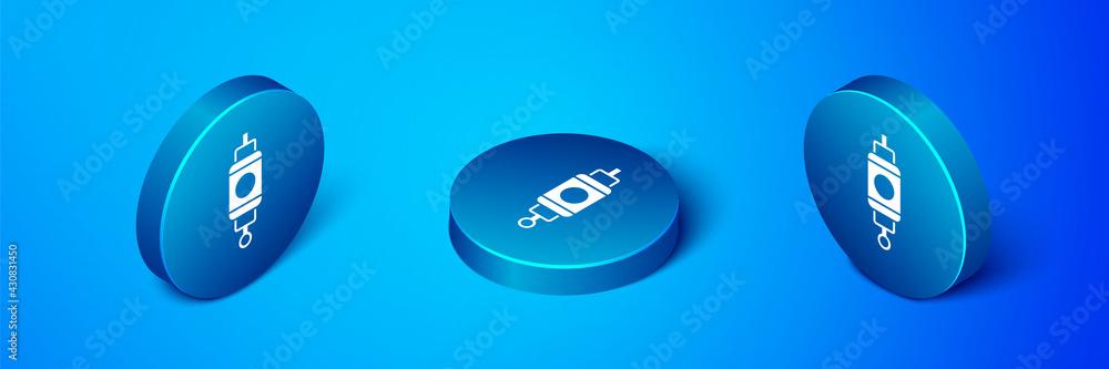 Isometric Chinese paper lantern icon isolated on blue background. Blue circle button. Vector Isometric Chinese paper lantern icon isolated on blue background. Blue circle button. Vector