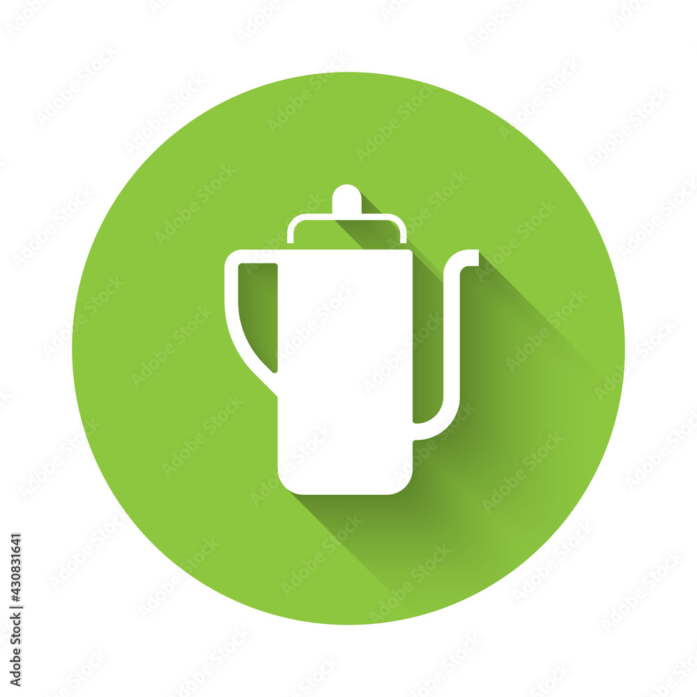 Obraz premium White Traditional Chinese tea ceremony icon isolated with long shadow. Teapot with cup. Green circle button. Vector