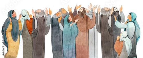Canvas Print Watercolor hand drawn illustration of praying people, apostles in prayer, thanksgiving to the Lord