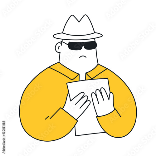 Secret agent in hat searching clues and spying investigating case. Private investigation, detective, tracking, private investigator services. Thin line vector illustration on white.