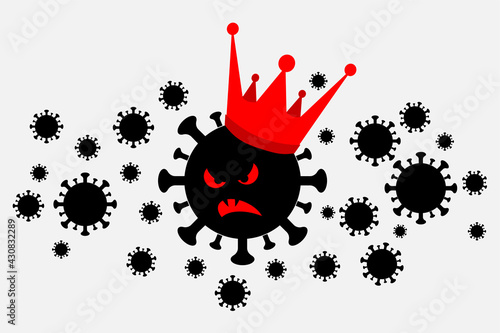 A very scared black virus coronavirus covid-19 with a royal crown on its head and a syringe with a vaccine medicine. Fighting the epidemic. Coronavirus vaccination banner header template with button