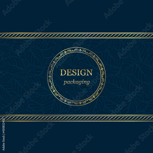 Luxurious label design. Gold pattern on a blue background. Vector illustration.