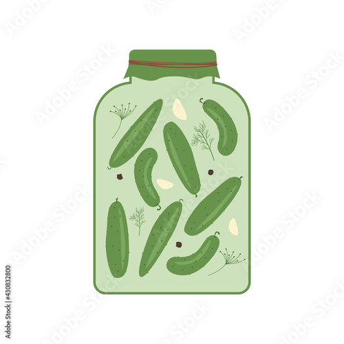 A jar of canned cucumbers. Natural organic food. Farm products. Vector illustration