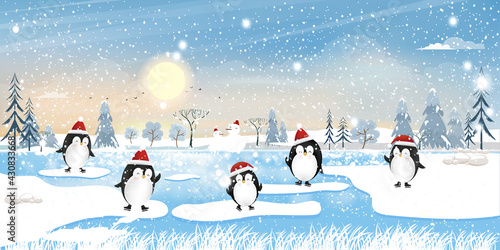 Winter wonderland landscape at arctic ocean with penquin bear family playing ice skating and standing on ice edge with snowing. Cute animals banner for New Year and Merry Christmas greeting card