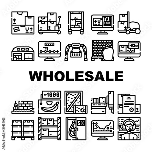 Wholesale Service Collection Icons Set Vector. Sea Transportation And Carrying In Truck, Carton And Wooden Box, Broker Wholesale And Logistics Support Black Contour Illustrationss