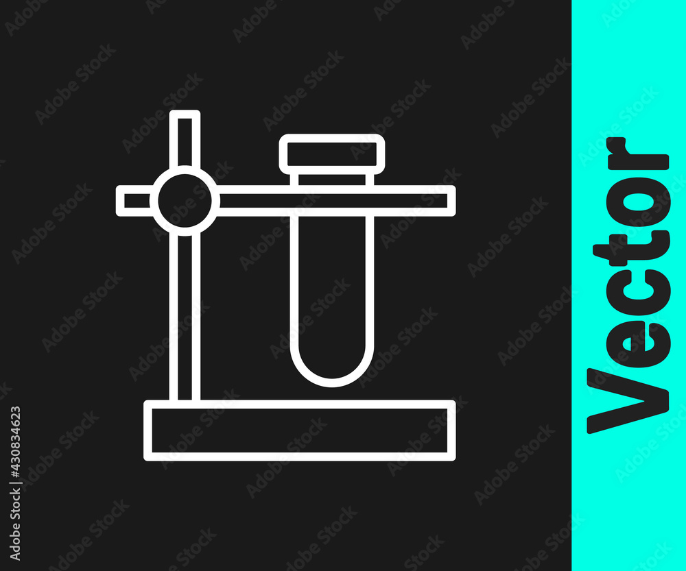 White line Glass test tube flask on stand icon isolated on black background. Laboratory equipment. Vector
