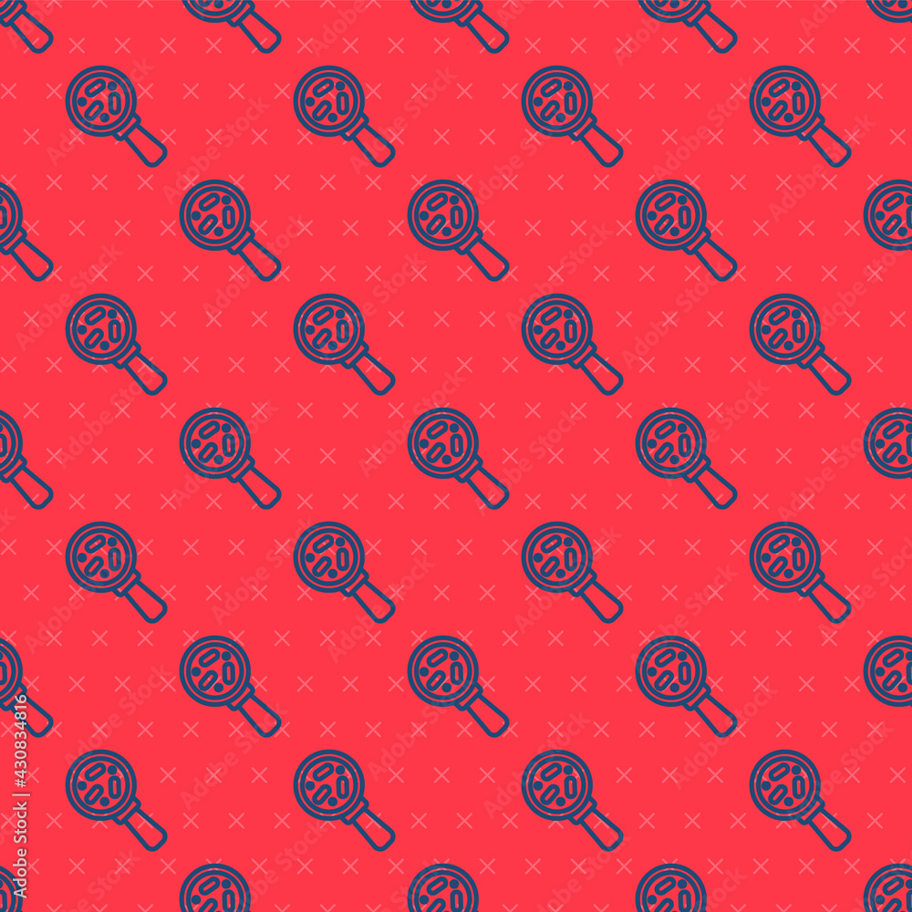 Blue line Microorganisms under magnifier icon isolated seamless pattern on red background. Bacteria and germs, cell cancer, microbe, virus, fungi. Vector Blue line Microorganisms under magnifier icon isolated seamless pattern on red background. Bacteria and germs, cell cancer, microbe, virus, fungi. Vector