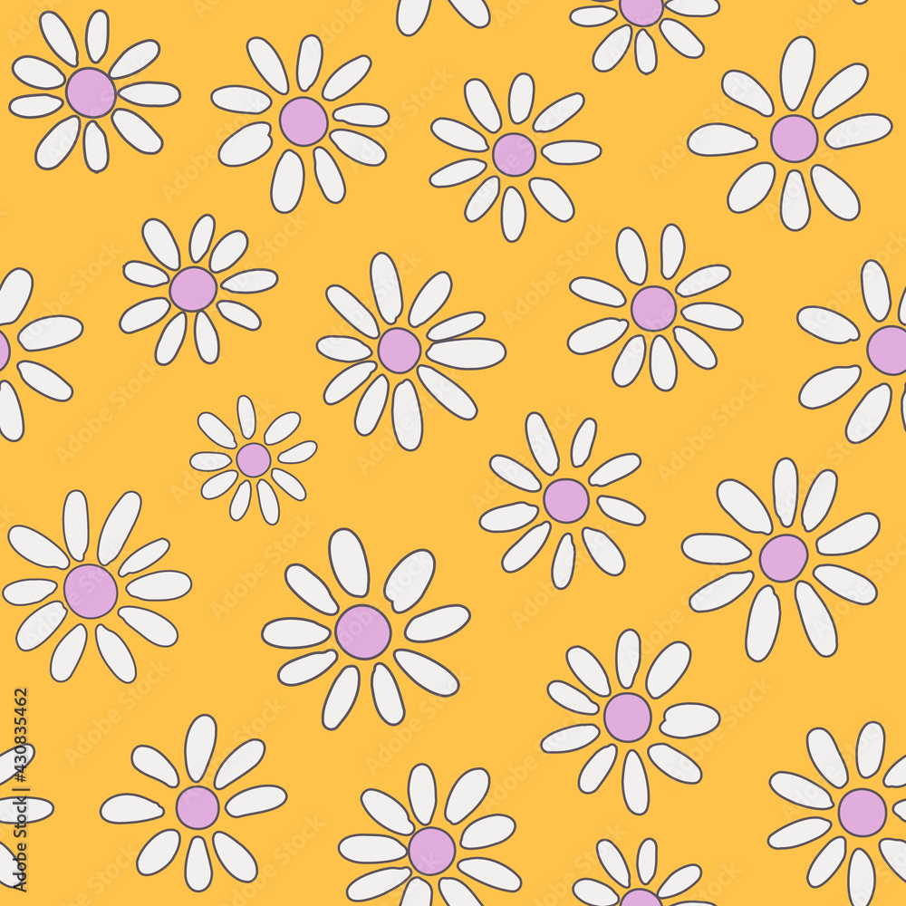 Cute Ditsy Daisy Seamless Pattern. Spring Flowers Random Placed All Over Print on Yellow Background. Cute Ditsy Daisy Seamless Pattern. Spring Flowers Random Placed All Over Print on Yellow Background.