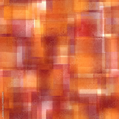 Seamless overlaid geometric shape pattern print. High quality illustration. Transparent rectangles filled with gradient colors scattered. Handmade paper texture overlay.