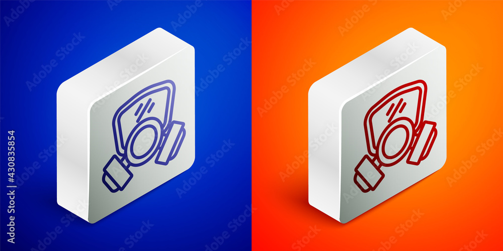 Isometric line Gas mask icon isolated on blue and orange background. Respirator sign. Silver square button. Vector Isometric line Gas mask icon isolated on blue and orange background. Respirator sign. Silver square button. Vector