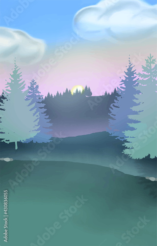 Winter landscape with snowy forest and sunset, cartoon nature