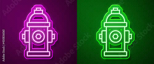 Glowing neon line Fire hydrant icon isolated on purple and green background. Vector