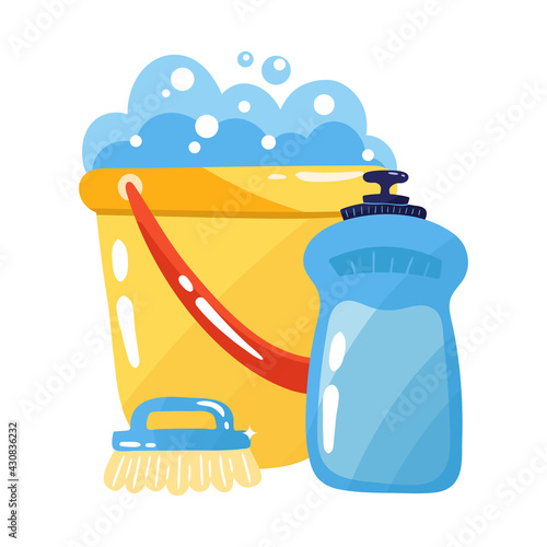 
Hand drawn plastic or metal bucket with foam and bubbles, scrub bristle and bottle of cleaner isolated on white background. Cartoon style vector illustration. Yellow, red and blue colors. 

