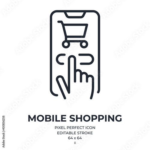 Mobile shopping concept editable stroke outline icon isolated on white background flat vector illustration. Pixel perfect. 64 x 64.
