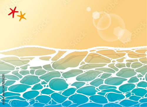 美しい浜辺のイラスト。透明で透き通った海と砂浜。