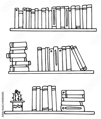 Doodle style bookshelves for notebooks, posters, postcards. Vector EPS 10