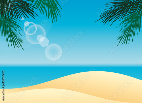 美しい浜辺のイラスト。透明で透き通った海と砂浜。
