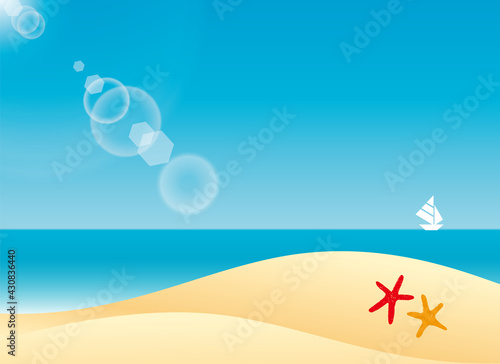 美しい浜辺のイラスト。透明で透き通った海と砂浜。
