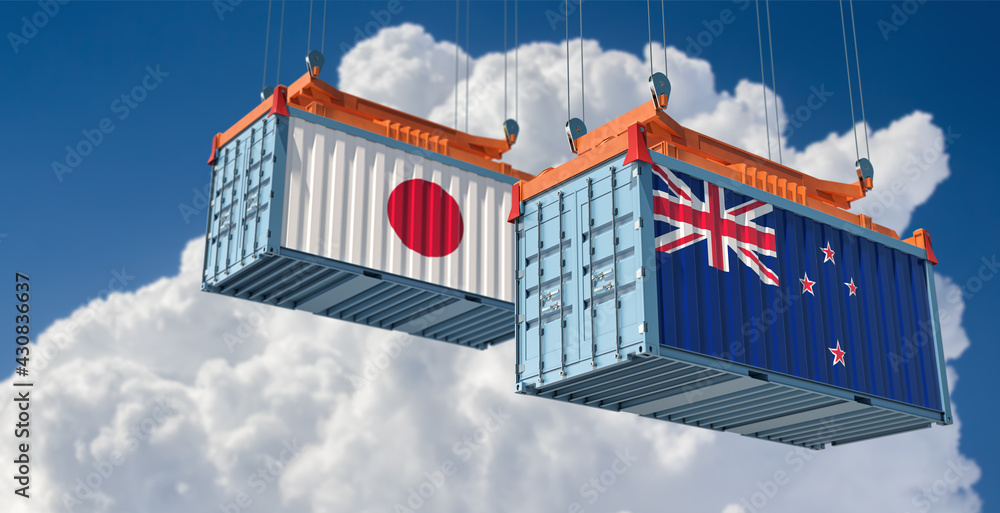 Freight containers with New Zealand and Japan national flags. 3D Rendering 