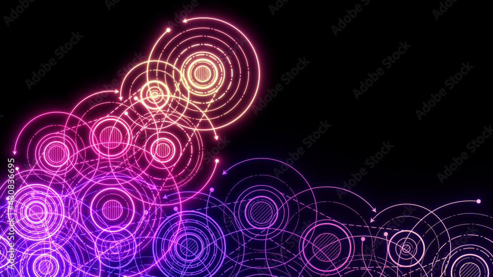 Neon technology background.Technical engineering banner.Rotating gears. Machine technology. illustration. Neon technology background.Technical engineering banner.Rotating gears. Machine technology. illustration.