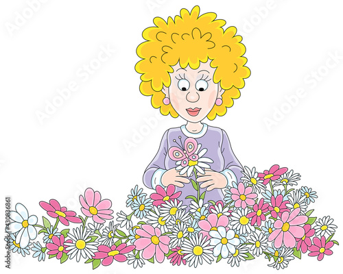 Happy young woman with colorful flowers and a beautiful butterfly in a summer blooming garden, vector cartoon illustration isolated on a white background