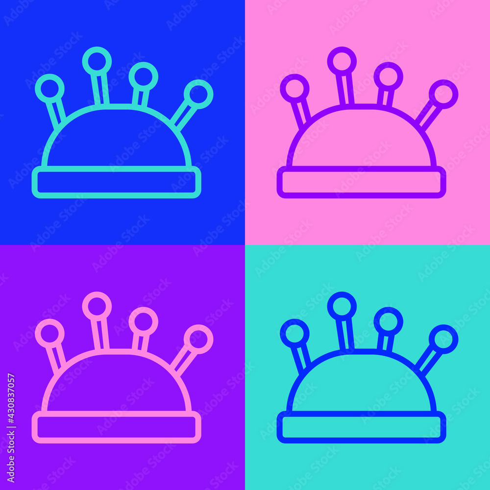 Obraz premium Pop art line Needle bed and needles icon isolated on color background. Handmade and sewing theme. Vector