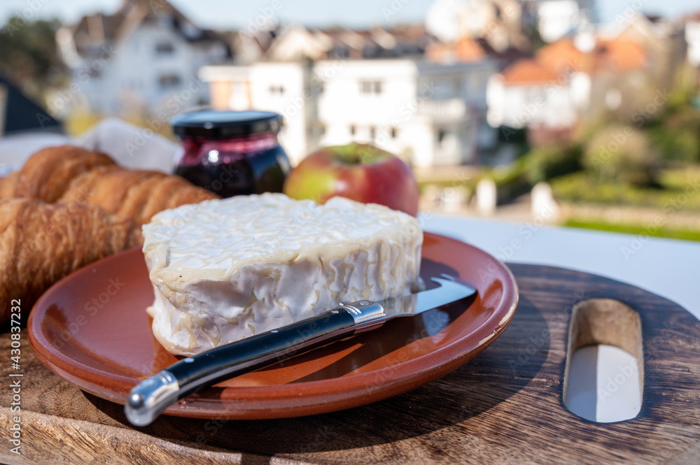 French breakfast with fresh baked croissants and cheeses from Normandy, heart-shaped neufchatel served outdoor with nice city view French breakfast with fresh baked croissants and cheeses from Normandy, heart-shaped neufchatel served outdoor with nice city view