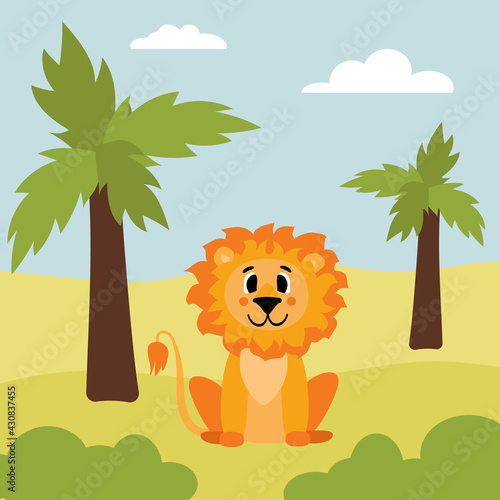 Fototapeta Naklejka Na Ścianę i Meble -  Cute little lion in the wild savanna. Hand-drawn cartoon vector illustration for children's books, postcards, posters or T-shirts.