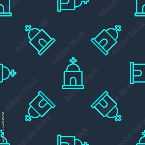 Green line Old crypt icon isolated seamless pattern on blue background. Cemetery symbol. Ossuary or crypt for burial of deceased. Vector