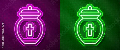 Glowing neon line Funeral urn icon isolated on purple and green background. Cremation and burial containers, columbarium vases, jars and pots with ashes. Vector