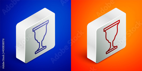 Isometric line Christian chalice icon isolated on blue and orange background. Christianity icon. Happy Easter. Silver square button. Vector