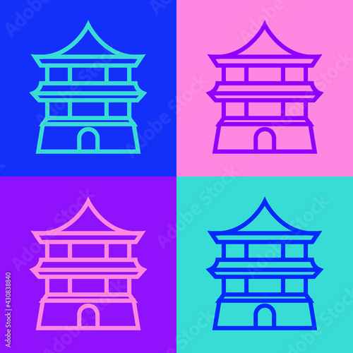 Pop art line Traditional chinese house icon isolated on color background. Vector
