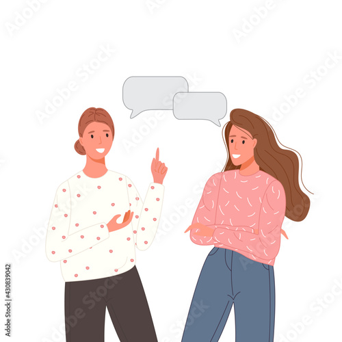 Multiethnic people talking or discuss social network. Two friend speaking couples with speech bubbles. Character dialogue concept. Vector illustration