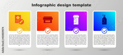 Set Medical prescription, Ointment cream tube medicine, Medicine bottle and Hand sanitizer. Business infographic template. Vector
