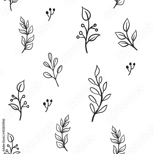 Floral doodle elements seamless texture. Hand drawn decorative leaves and wreaths texture background. Tree branches with leaf illustrations.