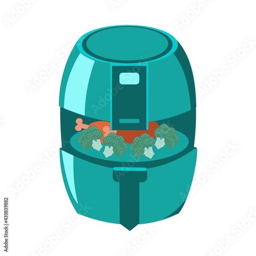 Green air fryer with chiken and broccoli Cartoon isolated illustration on white background