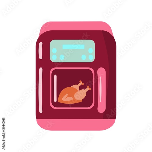 Red air fryer with chiken Cartoon isolated illustration on white background