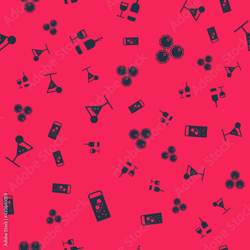 Set Effervescent tablets in water, Wine bottle with glass, Martini and Wooden barrels on seamless pattern. Vector