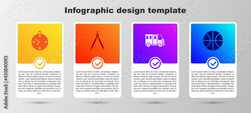 Set Clock, Drawing compass, School Bus and Basketball ball. Business infographic template. Vector