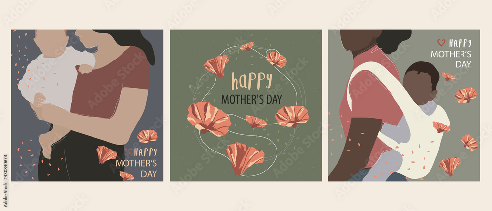 Mother's Day greeting cards collection with flowers bouquet, white mom holding a baby in her arms and black mom with baby carrier on backs. Square templates for ads or social media in flat syle.