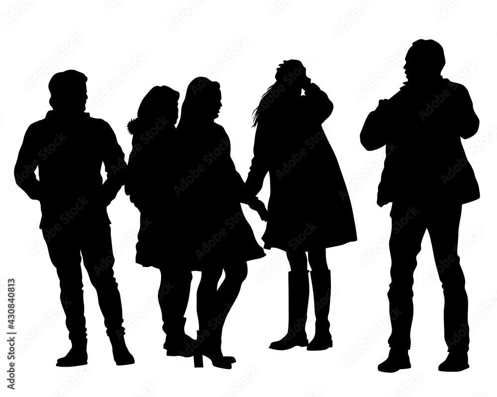 Tourists with smartphones in their hands take pictures of themselves. Isolated silhouettes on white background