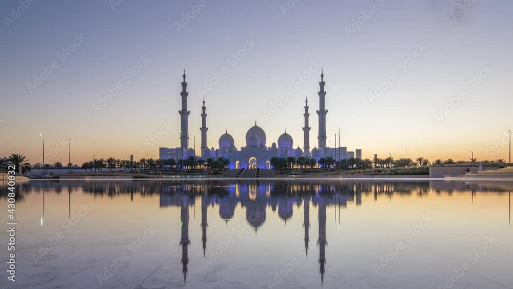 Sheikh Zayed Grand Mosque in Abu Dhabi day to night timelapse after sunset, UAE Sheikh Zayed Grand Mosque in Abu Dhabi day to night timelapse after sunset, UAE