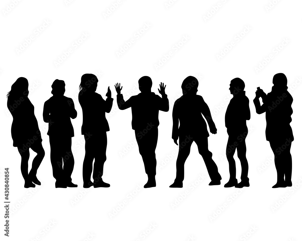 Tourists with smartphones in their hands take pictures of themselves. Isolated silhouettes on white background