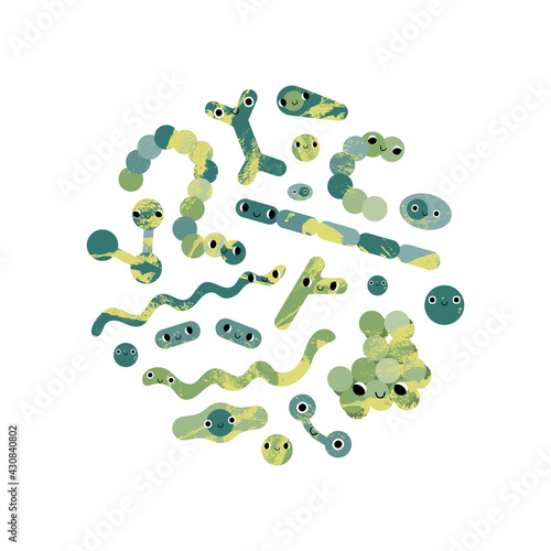 Happy cute bacteria character with smiling face. Funny kind kawaii microorganism: coccus, bifidobacterium, clostridium, streptococcus, spirillum, corynebacterium. Vector flat cartoon illustration