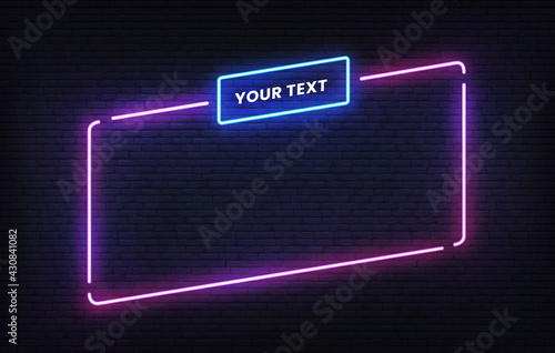 Neon frame template with placeholder. Purple incline light banner design template. Vector glowing rectangle signboard