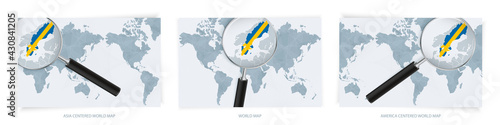 Blue Abstract World Maps with magnifying glass on map of Sweden with the national flag of Sweden. Three version of World Map.