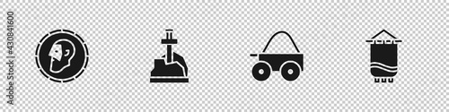 Set Ancient coin, Sword the stone, Wooden four-wheel cart and Medieval flag icon. Vector
