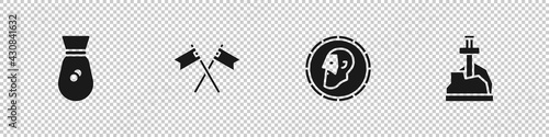 Set Old money bag, Crossed medieval flag, Ancient coin and Sword the stone icon. Vector