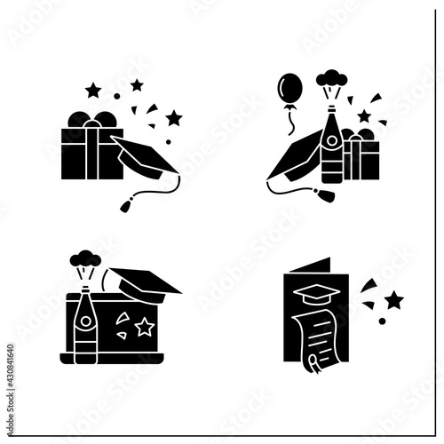 Graduation glyph icons set. Graduation party, gift, online party, card. Studying concept. Filled flat signs. Isolated silhouette vector illustrations
