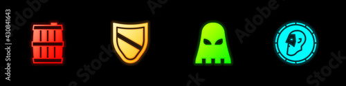 Set Wooden barrel, Shield, Executioner mask and Ancient coin icon. Vector